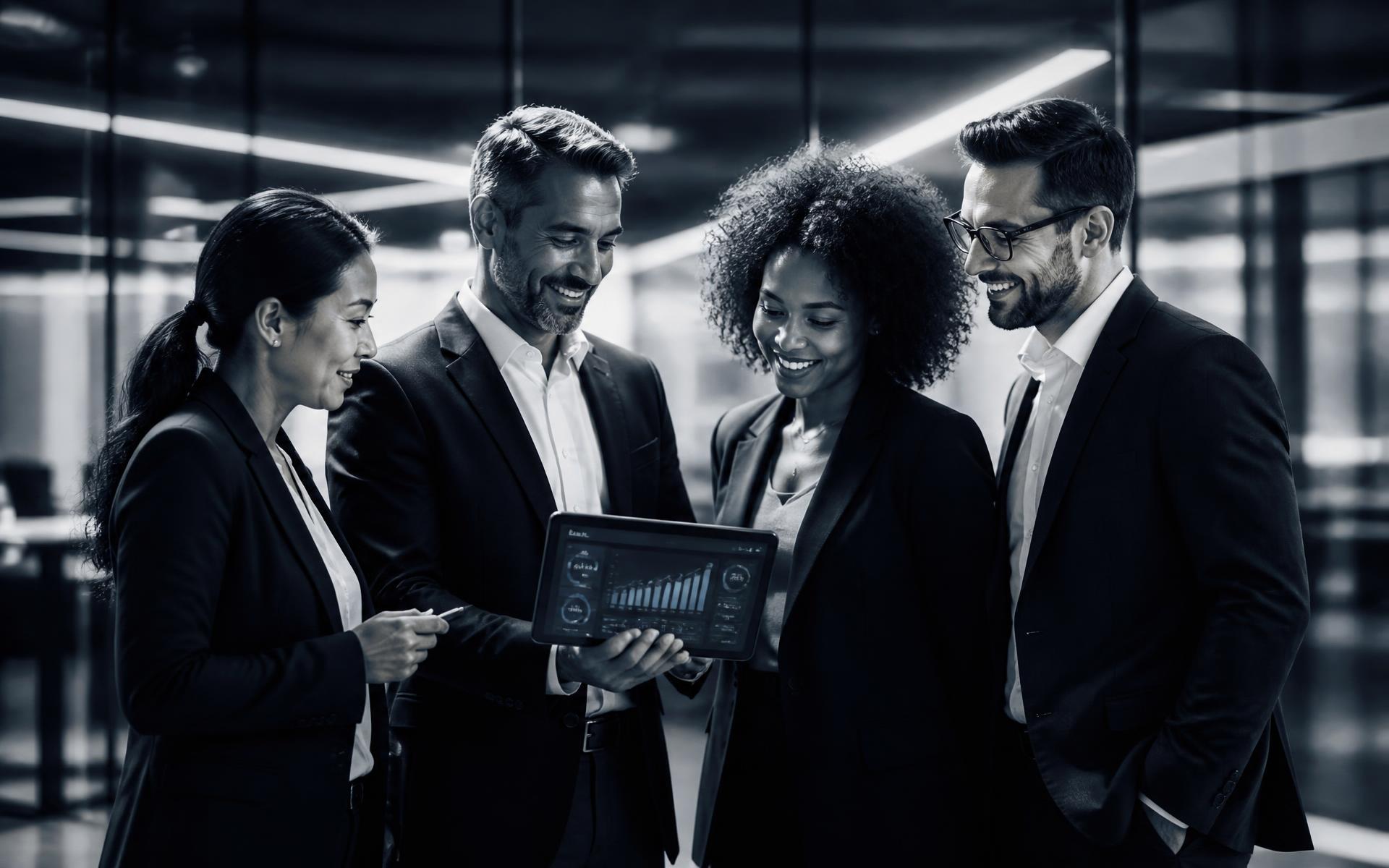 Business team reviewing payment performance on a tablet
