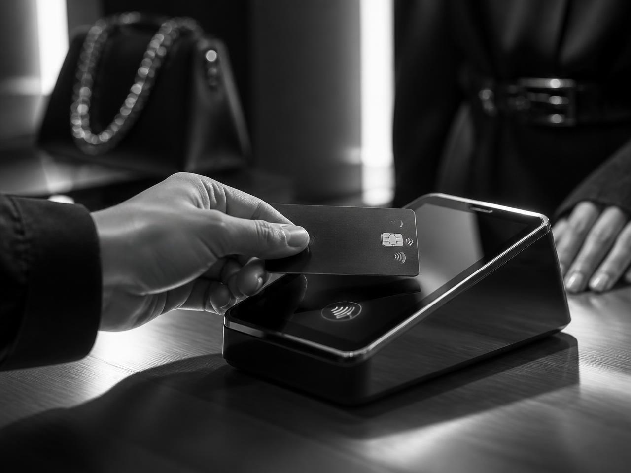Customer tapping a card on a contactless payment terminal